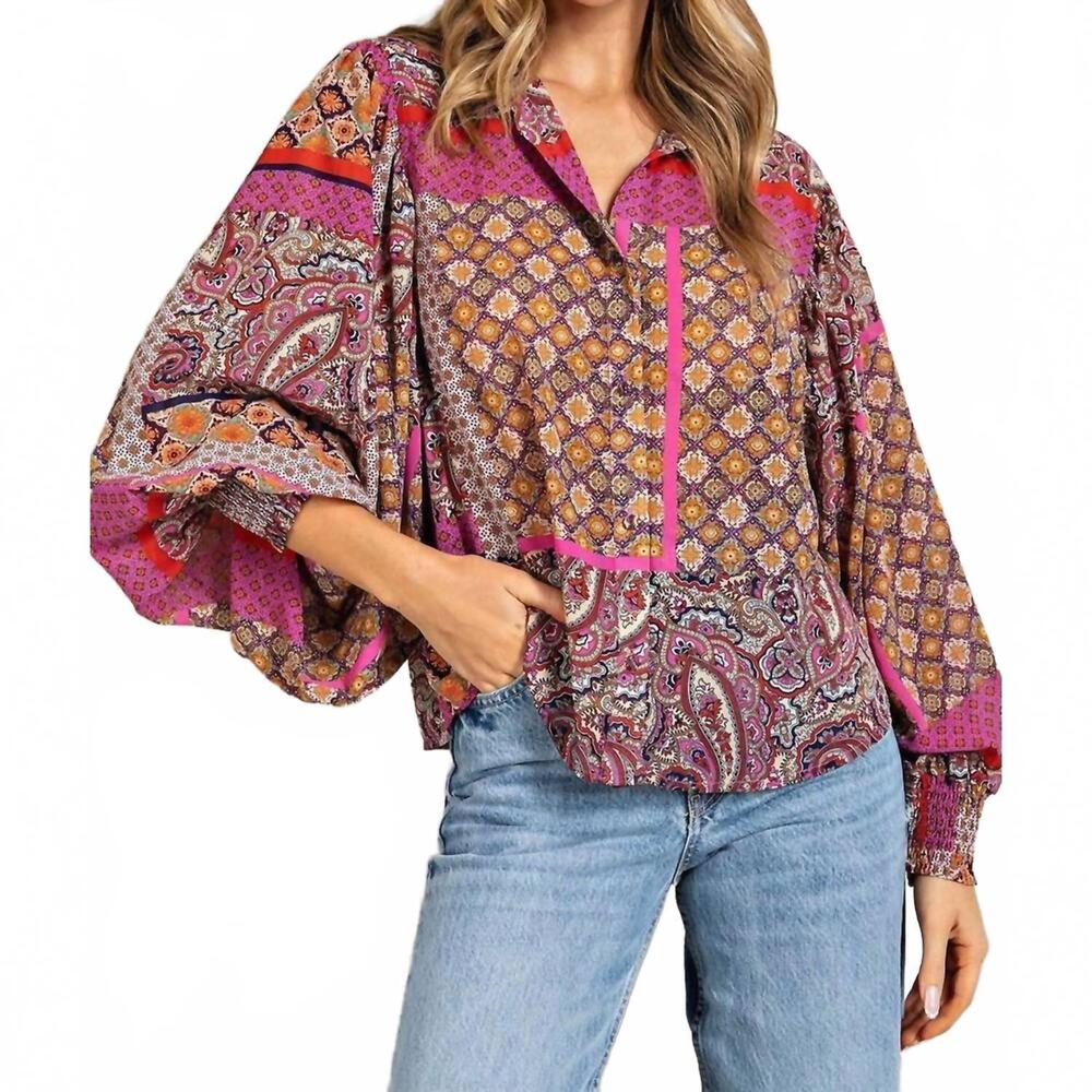 NEW EE:SOME boho puff sleeve top in pink multi